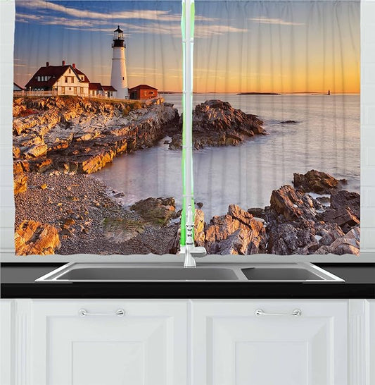 Ambesonne United States Kitchen Curtains, Cape Elizabeth Maine River Portland Lighthouse Sunrise USA Coast Scenery, Window Drapes 2 Panel Set for Kitchen Cafe Decor, 55" x 36", Blue Tan