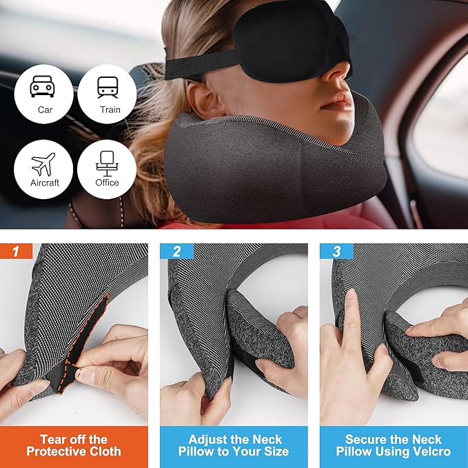 MULIHOMI™ Travel Pillow for Airplane with 100% Memory Foam, 360° Adjustable Full Surrounding Flying Neck Pillows, Travel Pillow Set with 3D Eye Masks, Earplugs (Black)