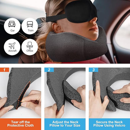 MULIHOMI™ Travel Pillow for Airplane with 100% Memory Foam, 360° Adjustable Full Surrounding Flying Neck Pillows, Travel Pillow Set with 3D Eye Masks, Earplugs (Black)