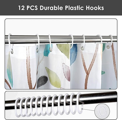 Boho Sage Green Floral Shower Curtain, Spring Summer Colorful Botanical Flower Leaves Bohemian Fabric Shower Curtain Set with 12 Hooks, Bathroom Accessories Decor Cloth Curtain 72x72 Inches