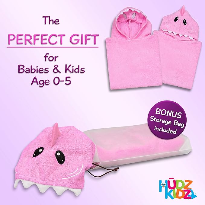 Premium Hooded Towel Poncho for Kids & Toddler - 100% Cotton (Pink Shark)