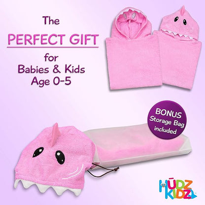 Premium Hooded Towel Poncho for Kids & Toddler - 100% Cotton (Pink Shark)