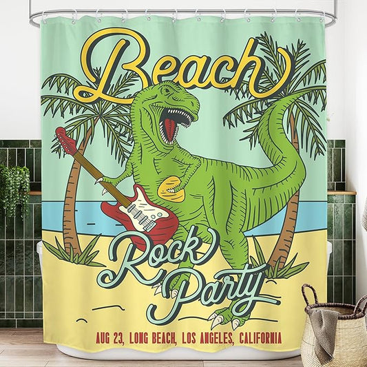 LGhtyro Funny Dinosaur Kids Shower Curtain Bathroom Set 60Wx71H Inches Beach Green Cartoon Dino Trex Animal Raptor Play Guitar Bath Accessories Tropical Palm Tree Art Home Decor Fabric 12 Pack Hooks