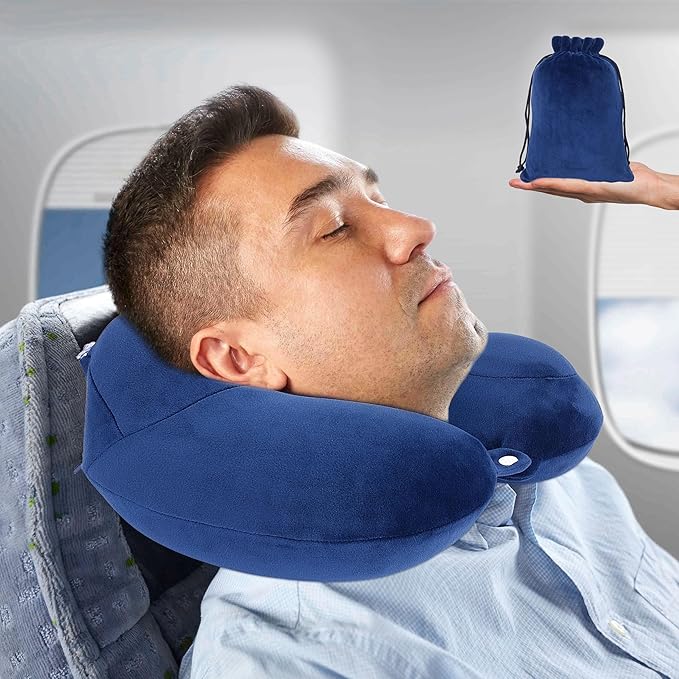 Inflatable Travel Neck Pillows for Airplanes, Long Flight Must Haves for Sleeping to Avoid Neck and Shoulder Pain, Comfortably Support Head and Neck for Flight, Car, Bus and Office (Blue)