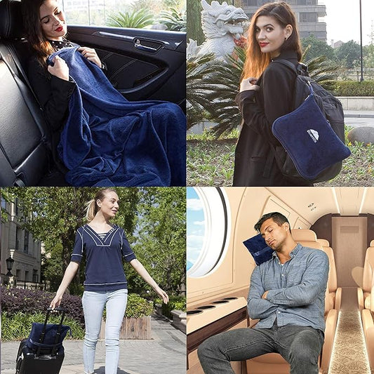 BlueHills Premium Soft 2-Pack Travel Blanket Pillows Airplane Large Plane Flight Throw Travel Blankets for Two in a Bag Compact Traveling Essentials Warm Travel Gifts Long Navy Blue T011
