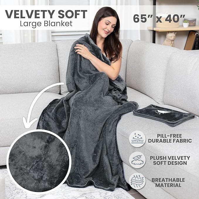 Resty Travel Blanket - Compact Airplane Blanket with Bag - Small and Lightweight Traveling Blanket & Pillow - Portable Blankets with Carabiner for Easy Transport - Plane Train Car (Deep Gray)
