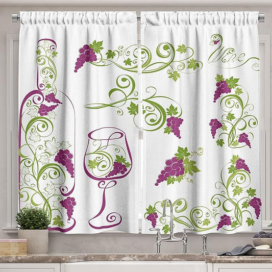 Ambesonne Wine Kitchen Curtains, Wine Bottle and Glass Grapevines Lettering with Swirled Branches Lines, Window Drapes 2 Panel Set for Kitchen Cafe Decor, 55" x 39", Lime Green