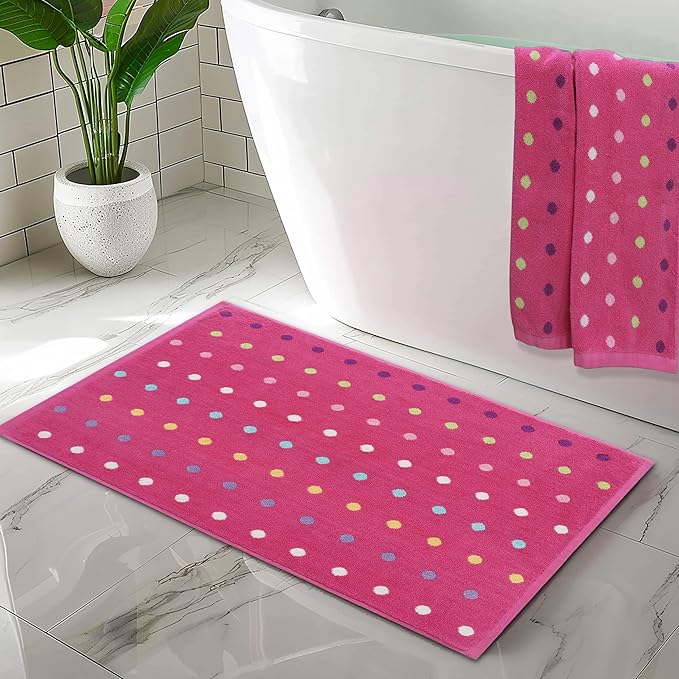 Bath Time Kids Bath Mat - Sugar & Spice 100% Cotton Reversible Shower Mat - Soft Absorbent 1100 GSM Toddler Bath Tub Mat - Step Out Towel Floor Mat -Not a Bathroom Rug-21x34- Pink Multi