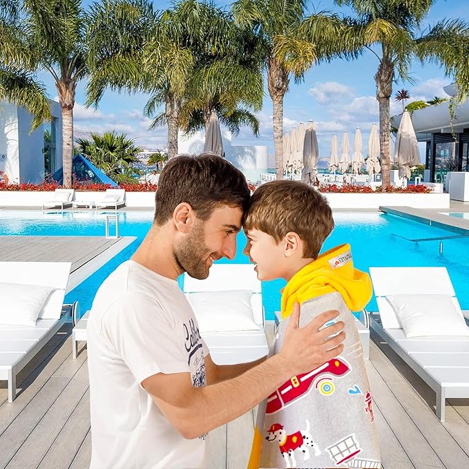 VOOVA & MOVAS Kids Bath Towels for Boys, Ages 3-10 | Soft Thick Absorbent Cotton, Beach | Pool | Bath Hooded Towels, Yellow Fire Truck