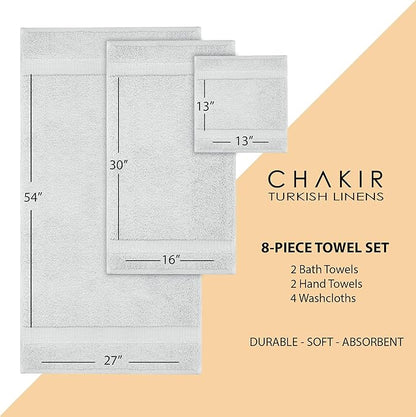 Chakir Turkish Linens | Hotel & Spa Quality 100% Cotton Premium Turkish Towels | Soft & Absorbent (8-Piece Towel Sets, Silver Gray)
