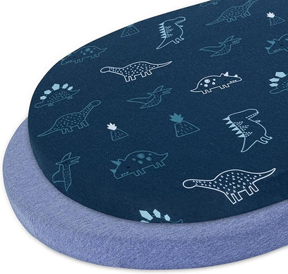 Bassinet Sheet, 100% Cotton Knitted Jersey, Fit Bassinet Crib Mattresses, Fitted Crib Sheets, Super Soft, Toddler Fitted Sheet, Unisex,2 Pack,Dino/Denim Blue, 17x32x4