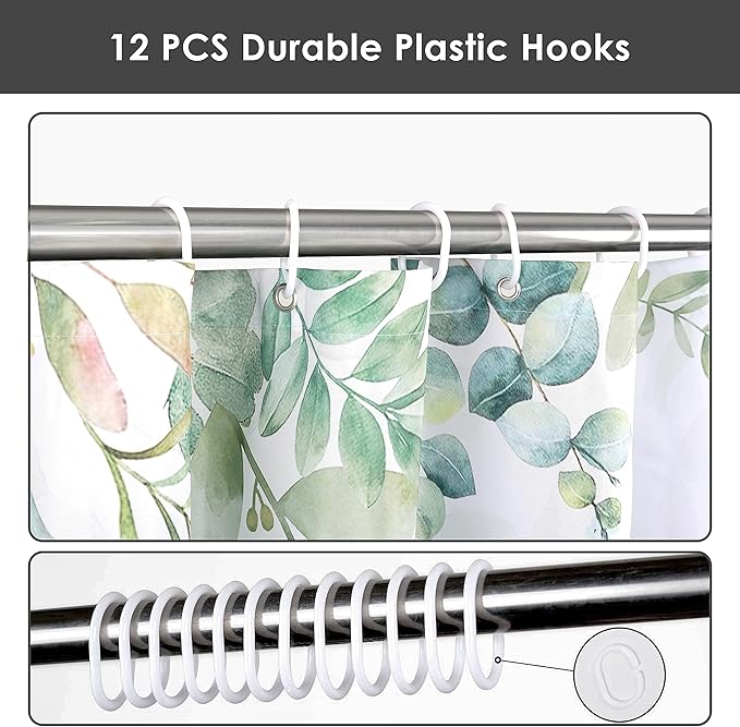 Hummingbird Sage Green Eucalyptus Leaves Shower Curtain, Spring Summer Botanical Floral Bird Home Bathroom Decor, Polyester Cotton Fabric Waterproof Modern Bath Curtain with 12 Hooks 60x72 Inches