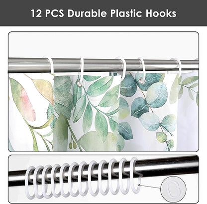 Hummingbird Sage Green Eucalyptus Leaves Shower Curtain, Spring Summer Botanical Floral Bird Home Bathroom Decor, Polyester Cotton Fabric Waterproof Modern Bath Curtain with 12 Hooks 60x72 Inches