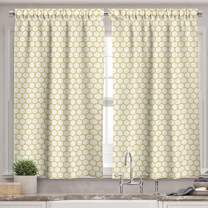 Ambesonne Yellow and White Valance & Tier Curtain 3 pcs Set, Hexagonal Pattern Honeycomb Beehive Simplistic Geometrical Monochrome, Window Treatments for Kitchen Room Decor, 55" x 36", White Yellow