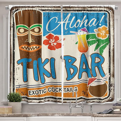 Ambesonne Tiki Bar Kitchen Curtains, Rusty Vintage Sign Aloha Exotic Cocktails and Coconut Drink Antique Nostalgic, Window Drapes 2 Panel Set for Kitchen Cafe Decor, 55" x 39", Blue Brown