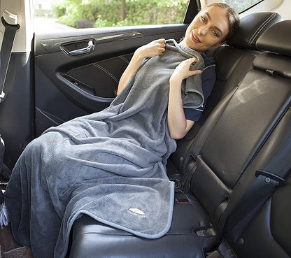 BlueHills Premium Soft Long Travel Blanket Pillow for Tall Airplane Flight Blanket Throw in Soft Bag case with Hand Luggage Belt & Backpack Clip Compact Pack Large Blanket Grey Gray T052