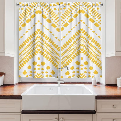 Ambesonne Yellow Chevron Kitchen Curtains, Hand Drawn Aztec Pattern Motif with Dashed Lines, Window Drapes 2 Panel Set for Kitchen Cafe Decor, 55" x 39", Mustard White