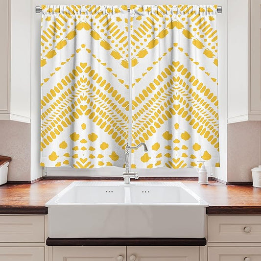 Ambesonne Yellow Chevron Kitchen Curtains, Hand Drawn Aztec Pattern Motif with Dashed Lines, Window Drapes 2 Panel Set for Kitchen Cafe Decor, 55" x 39", Mustard White