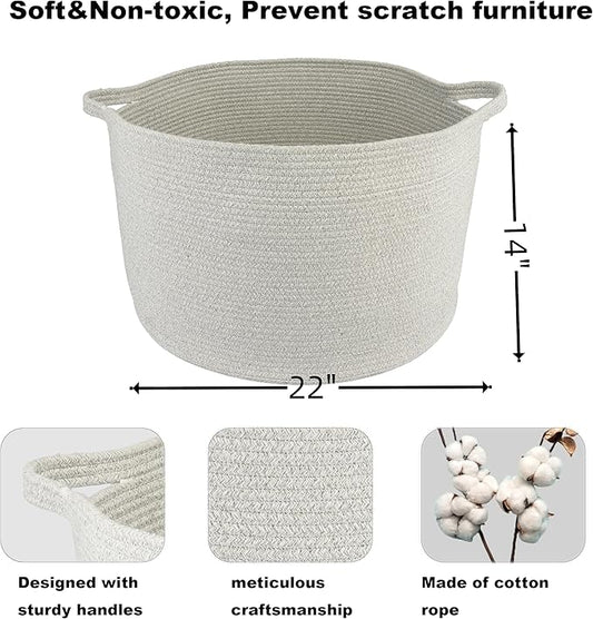 Large Cotton Rope Basket Blankets Basket Living Room 22"x14" Toy Basket for Kids and Dogs Rope Storage Basket for Nursery Woven Laundry Basket for Clothes Towels Baby Toy Storage round grey