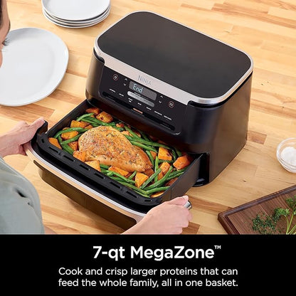 Ninja DZ071 Foodi 6-in-1 FlexBasket Air Fryer with 7-QT MegaZone & Basket Divider for Large Proteins & Full Meals, Smart Finish Cook 2 Foods 2 Ways, Family Sized Capacity, Air Fry, Roast & More, Black