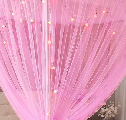 Mengersi Canopy Bed Curtains Bed Canopy with Lights for Girls, Bed Netting Unique Style 4 Door Mosquito Net for Adults Women Bedroom Decor (Pink+Lights, Twin/Twin XL)