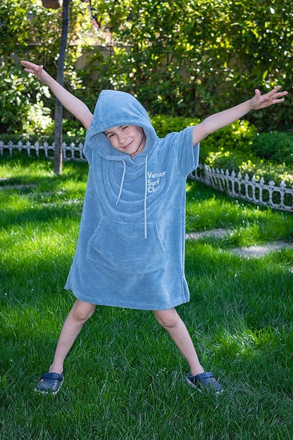 Cotton/Microfiber Kids Surf Poncho, Wetsuit Changing Towel Bath Robe with Hood and Pocket for Ages 3-7 and 8-12 (Aqua Blue, 3-7 Years)