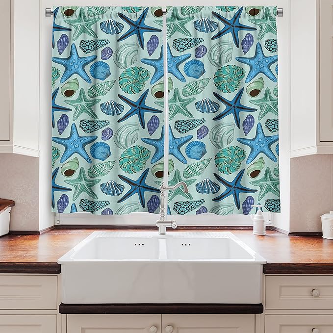Ambesonne Starfish Kitchen Curtains, Aquarium Inspired Composition Tropical Seashells and Scallops Cockles and Clams, Window Drapes 2 Panel Set for Kitchen Cafe Decor, 55" x 39", Blue Seafoam