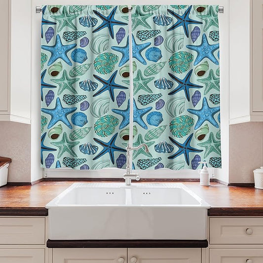Ambesonne Starfish Kitchen Curtains, Aquarium Inspired Composition Tropical Seashells and Scallops Cockles and Clams, Window Drapes 2 Panel Set for Kitchen Cafe Decor, 55" x 39", Blue Seafoam