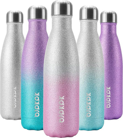 BJPKPK Insulated Water Bottles -17oz/500ml -Stainless Steel Water Bottles,Sports Water Bottles Keep Cold for 24 Hours and Hot for 12 Hours,BPA Free Water Bottle,Glitter Silver Pink