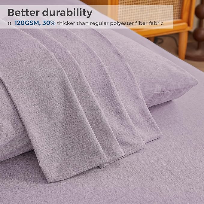 Twin Sheets Purple, Ultral Soft Cationic Linen Look Sheets, Luxury Cooling Cozy Bed Sheet Set with Non-Slip Fitted Sheet