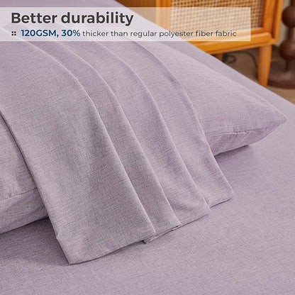Twin Sheets Purple, Ultral Soft Cationic Linen Look Sheets, Luxury Cooling Cozy Bed Sheet Set with Non-Slip Fitted Sheet