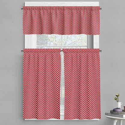Ambesonne Retro Valance & Tier Curtain 3 pcs Set, 50s 60s Iconic Pop Art Style Big White Polka Dots Picnic Vintage Old Theme Image, Window Treatments for Kitchen Room Decor, 55" x 36", Vermilion White