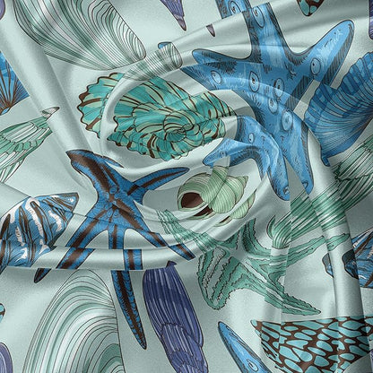 Ambesonne Starfish Valance & Tier Curtain 3 pcs Set, Aquarium Inspired Composition Tropical Seashells and Scallops Cockles and Clams, Window Treatments for Kitchen Room Decor, 55" x 45", Blue Seafoam