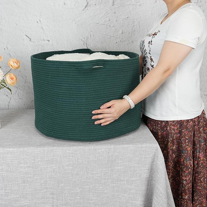Large Cotton Rope Basket Blankets Basket Living Room 22"x14" Toy Basket for Kids Rope Storage Basket for Nursery Woven Laundry Basket for Clothes Towels Baby Toy Storage round dark green