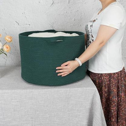 Large Cotton Rope Basket Blankets Basket Living Room 22"x14" Toy Basket for Kids Rope Storage Basket for Nursery Woven Laundry Basket for Clothes Towels Baby Toy Storage round dark green