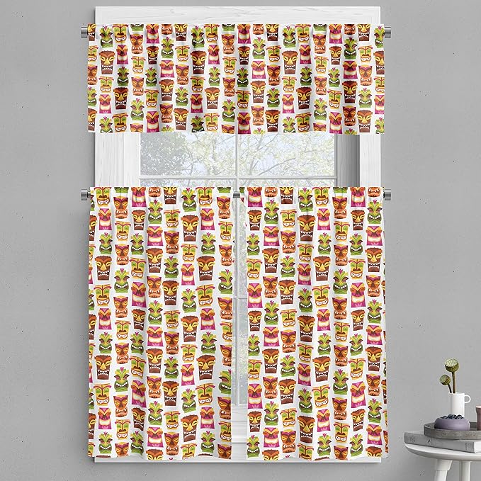 Ambesonne Tiki Bar Valance & Tier Curtain 3 pcs Set, Sixties Retro Inspired Hawaiian Party Happy Tiki Pattern Colorful, Window Treatments for Kitchen Room Decor, 55" x 36", White Brown