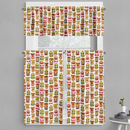 Ambesonne Tiki Bar Valance & Tier Curtain 3 pcs Set, Sixties Retro Inspired Hawaiian Party Happy Tiki Pattern Colorful, Window Treatments for Kitchen Room Decor, 55" x 36", White Brown