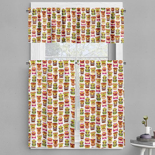 Ambesonne Tiki Bar Valance & Tier Curtain 3 pcs Set, Sixties Retro Inspired Hawaiian Party Happy Tiki Pattern Colorful, Window Treatments for Kitchen Room Decor, 55" x 45", White Brown