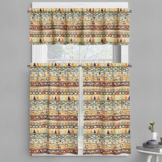 Ambesonne Prehistoric Valance & Tier Curtain 3 pcs Set, Mexican Style Doodles with Triangles Circles Folkloric Geometric Tribal, Window Treatments for Kitchen Room Decor, 55" x 24", Pastel Yellow