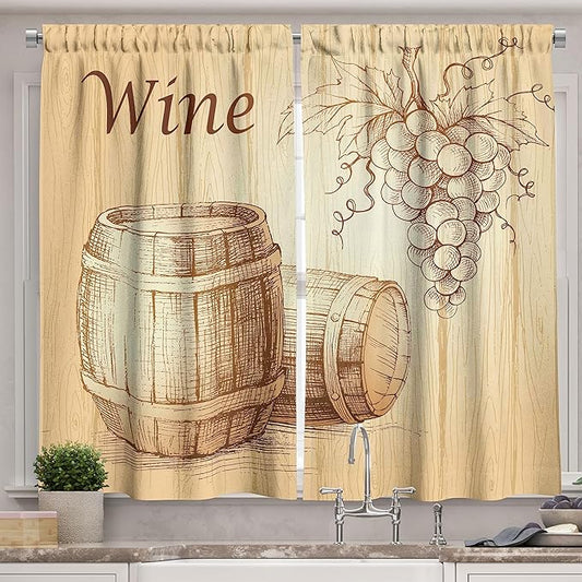 Ambesonne Wine Kitchen Curtains, Wooden Barrels and Bunch of Grapes on Wood Backdrop Botany Harvest Theme Artwork, Window Drapes 2 Panel Set for Kitchen Cafe Decor, 55" x 39", Brown Peach