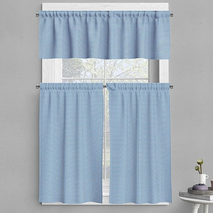 Ambesonne Checkered Valance & Tier Curtain 3 pcs Set, Monochrome Gingham Checks Classical Country Culture Old Fashioned Grid Design, Window Treatments for Kitchen Room Decor, 55" x 24", Blue White