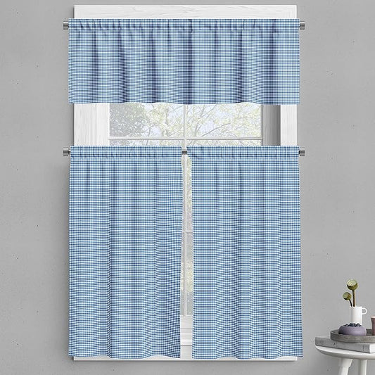 Ambesonne Checkered Valance & Tier Curtain 3 pcs Set, Monochrome Gingham Checks Classical Country Culture Old Fashioned Grid Design, Window Treatments for Kitchen Room Decor, 55" x 24", Blue White
