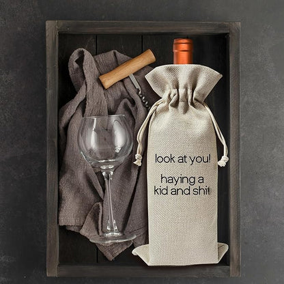 Pregnancy Announcement Wine Gift Bags - New Mom Gift Wine Bags - Cover Bag For Having New Baby - Grandparents - New Parents - Baby shower Party Supplies Favors - Mother's Day Gift - Burlap - HiMo212