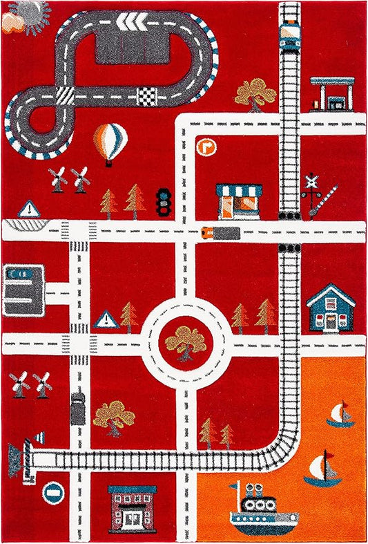 SAFAVIEH Carousel Kids Collection Area Rug - 5'3" x 7'6", Red & Ivory, Non-Shedding & Easy Care, Ideal for High Traffic Areas for Boys & Girls in Playroom, Nursery, Bedroom (CRK192Q)