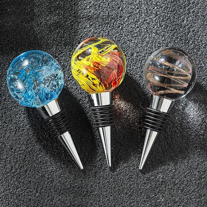 Wine and Beverage Bottle Stoppers with Blue Galaxy Glass Grip Top, Reusable Wine Saver for Gifts, Bar, Holiday Party, Wedding