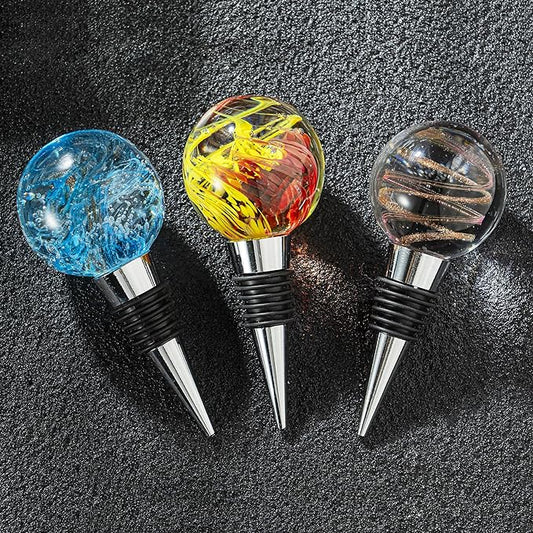 Wine and Beverage Bottle Stoppers with Blue Galaxy Glass Grip Top, Reusable Wine Saver for Gifts, Bar, Holiday Party, Wedding