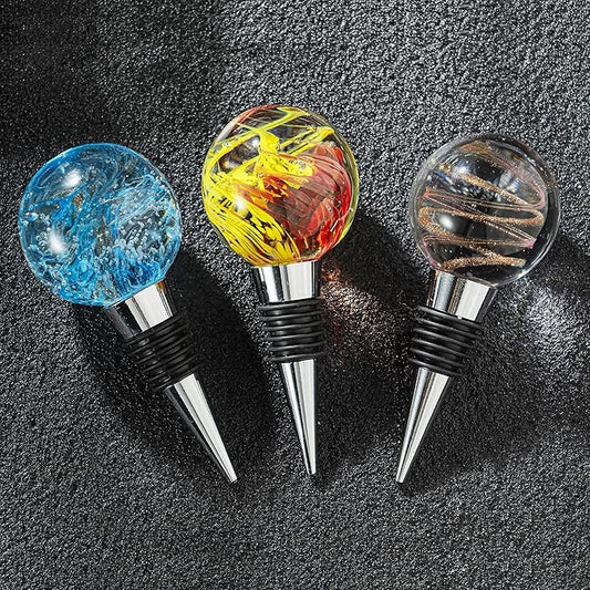 Wine and Beverage Bottle Stoppers with Blue Galaxy Glass Grip Top, Reusable Wine Saver for Gifts, Bar, Holiday Party, Wedding