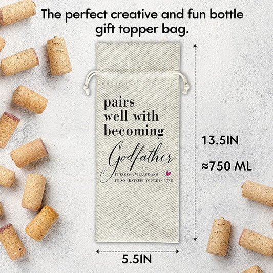 Godfather Wine Gift Bags - Gift for Godfather, Uncle, Godparent, Baptism - Reusable Burlap With Drawstring Gift Bag (5.5"x 13.5")-1 Pcs/jiu063