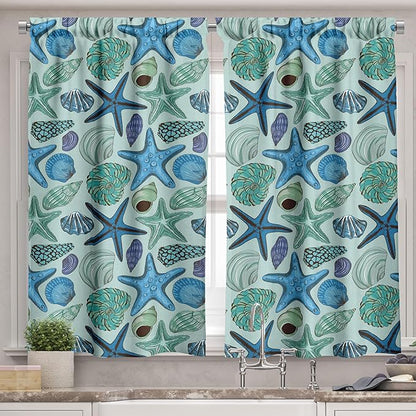 Ambesonne Starfish Valance & Tier Curtain 3 pcs Set, Aquarium Inspired Composition Tropical Seashells and Scallops Cockles and Clams, Window Treatments for Kitchen Room Decor, 55" x 24", Blue Seafoam