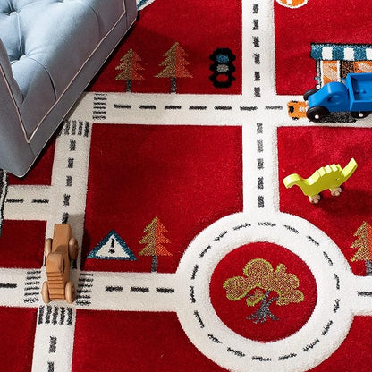 SAFAVIEH Carousel Kids Collection Runner Rug - 2' x 8', Red & Ivory, Neighborhood Design, Non-Shedding & Easy Care, Ideal for High Traffic Areas for Boys & Girls in Playroom, Bedroom (CRK192Q)